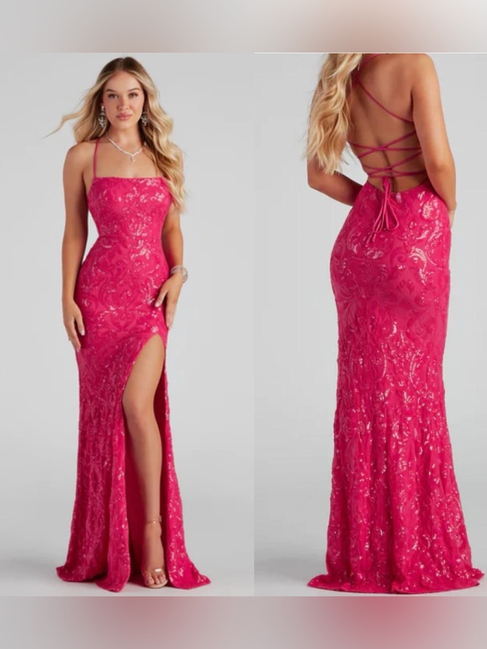 Windsor Rowena Sequin Mermaid Dress Fuschia Pink Open Back Lace Up